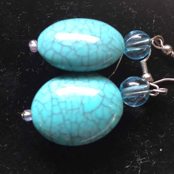 Turquoise Magnesite Stone Blue wiring dangle earring oval 2” - Picture 9 of 9